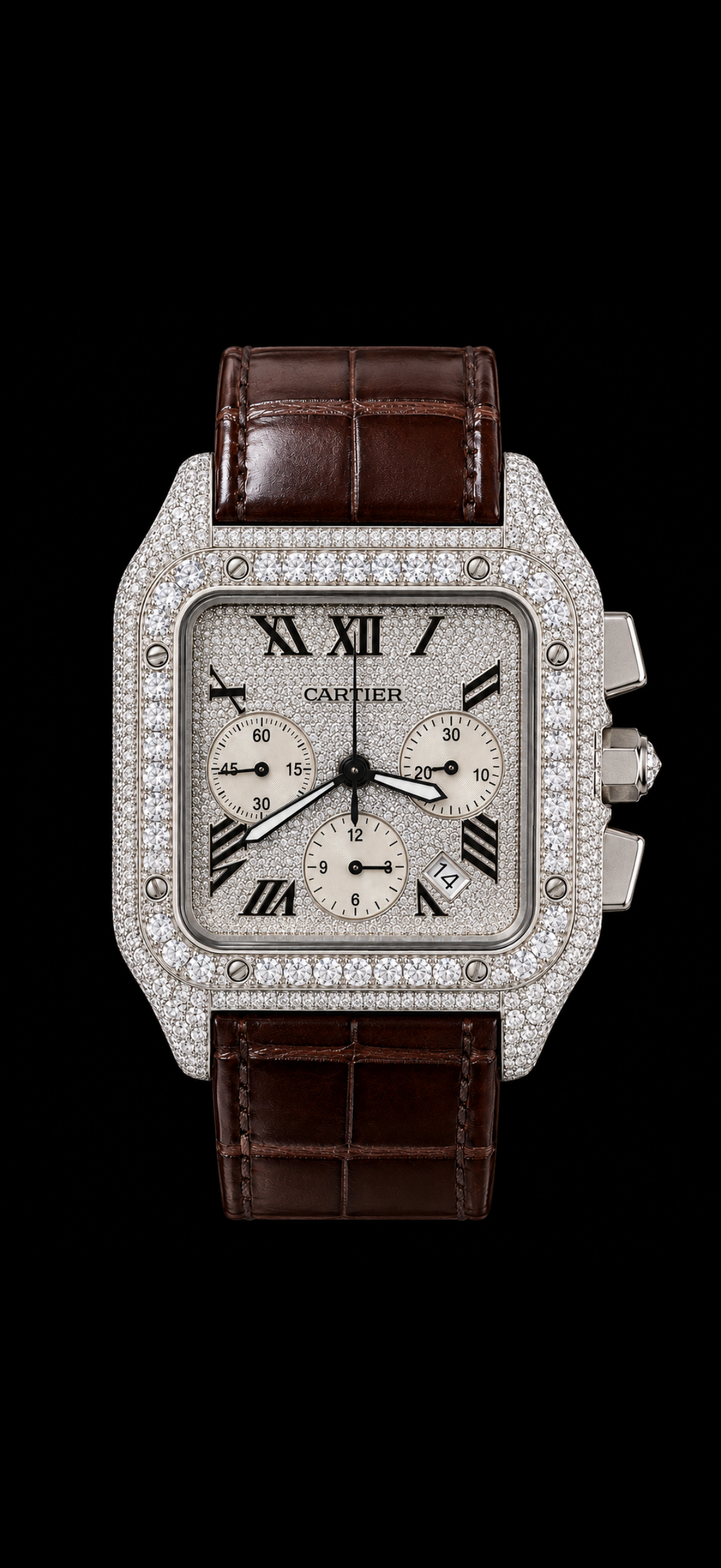Iced Out Cartier Chronograph Leather Band
